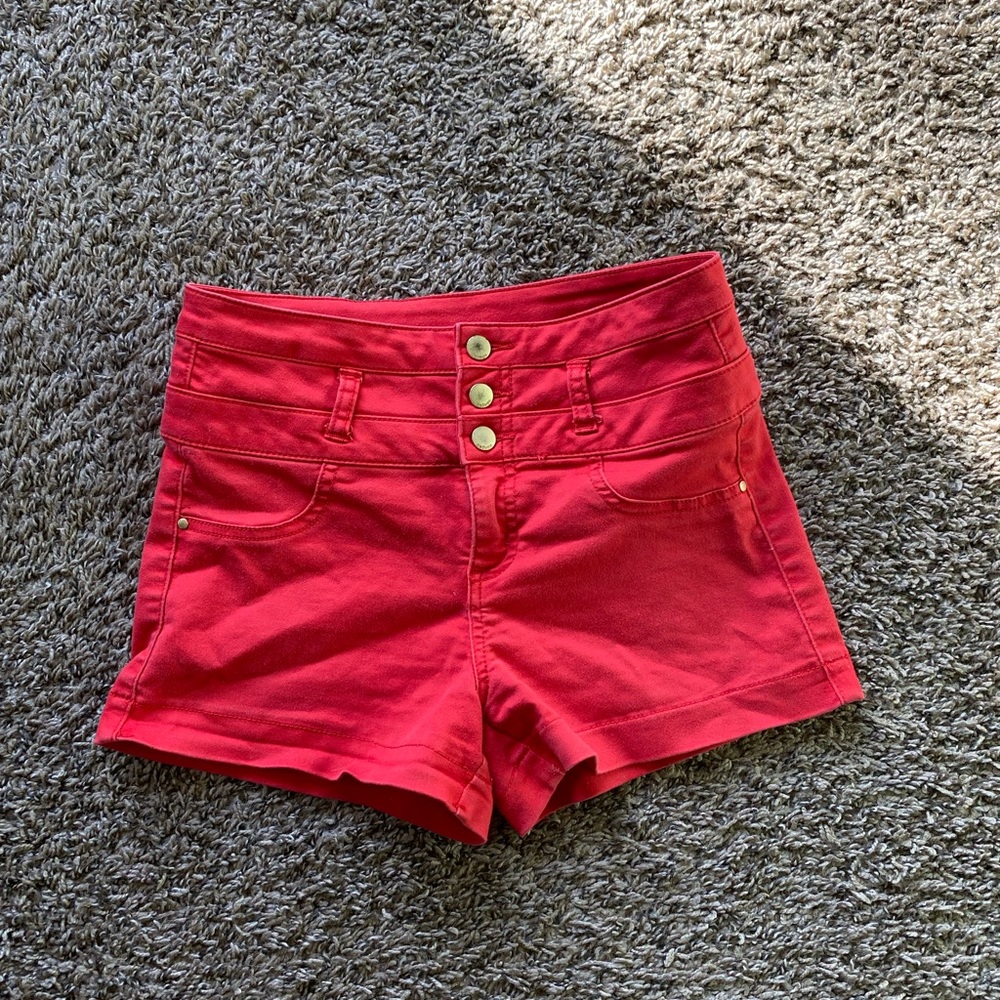 red jean shorts